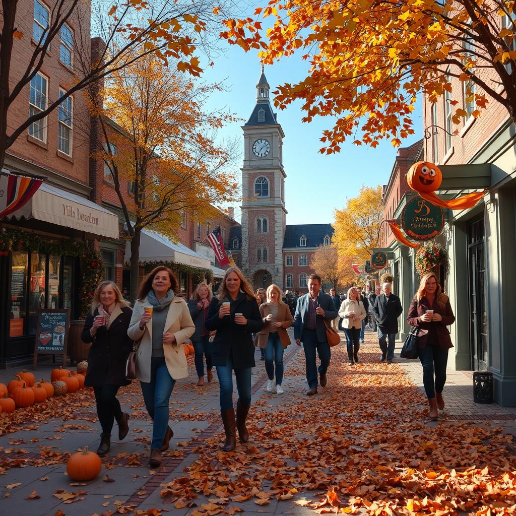 A lively autumn street scene with fallen leaves covering the sidewalks