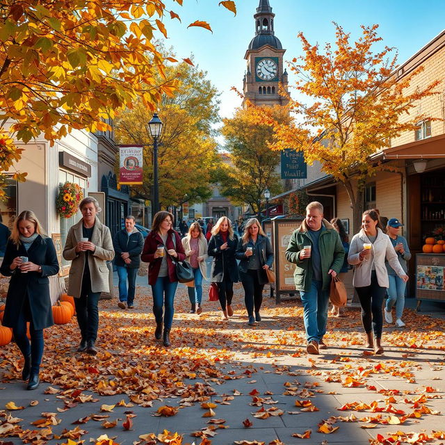 A lively autumn street scene with fallen leaves covering the sidewalks