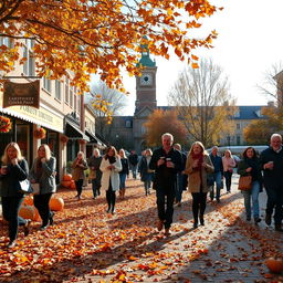 A lively autumn street scene with fallen leaves covering the sidewalks