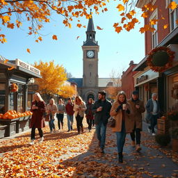 A lively autumn street scene with fallen leaves covering the sidewalks