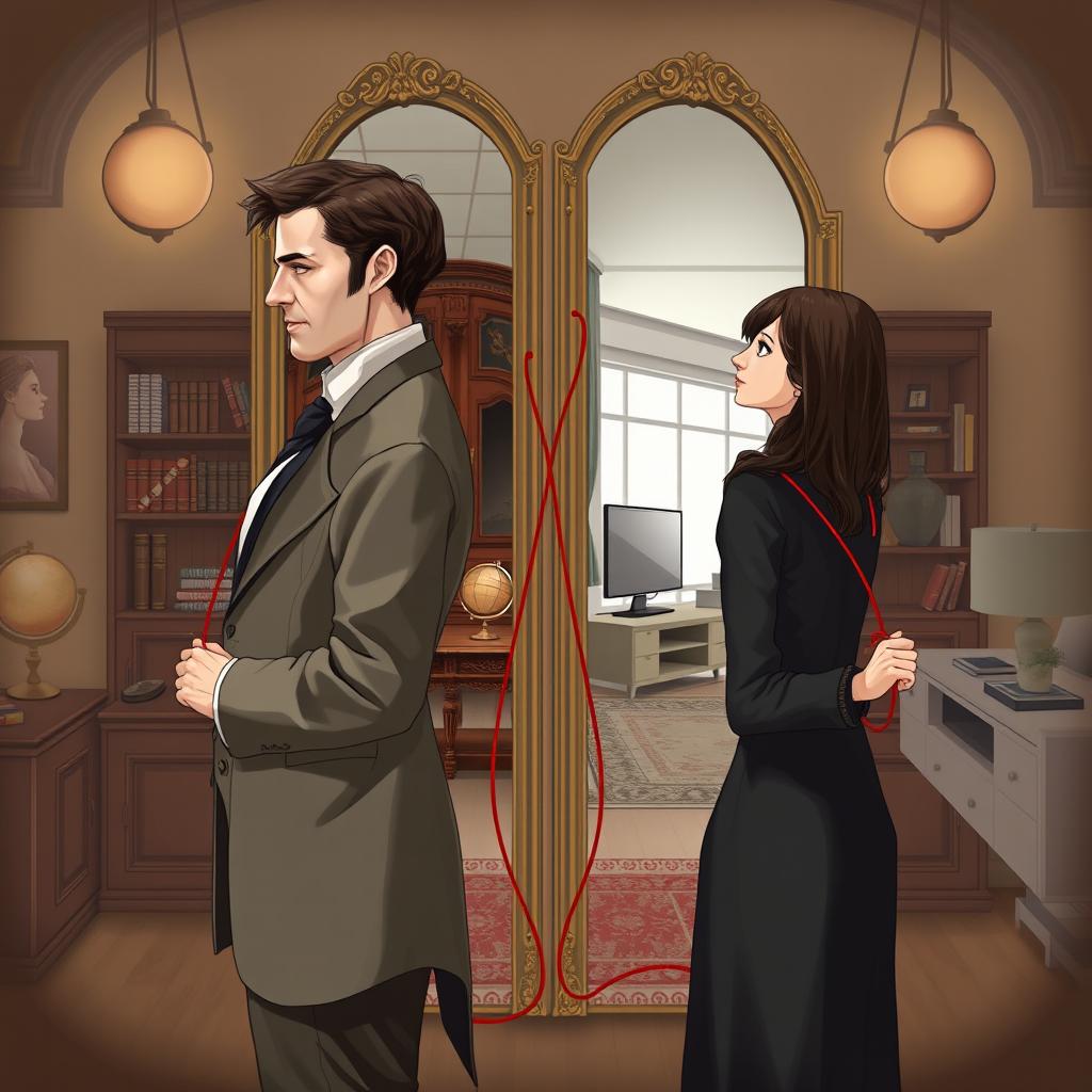A digital illustration depicting two people standing back to back with a mirror between them