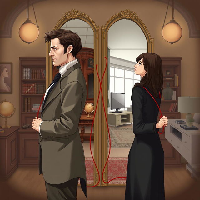 A digital illustration depicting two people standing back to back with a mirror between them