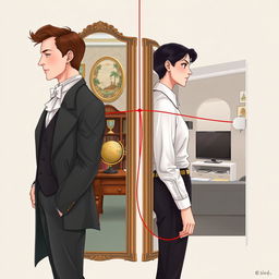 A digital illustration depicting two people standing back to back with a mirror between them