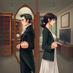 A digital illustration depicting two people standing back to back with a mirror between them