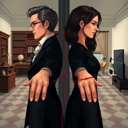 A digital illustration depicting two people standing back to back with a mirror between them