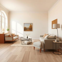 A beautifully decorated room with cream-colored walls complementing a light wood porcelain tiled floor