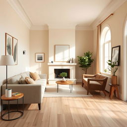 A beautifully decorated room with cream-colored walls complementing a light wood porcelain tiled floor