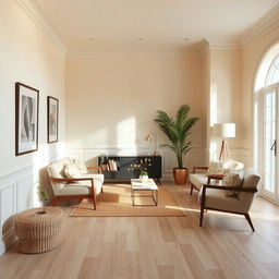 A beautifully decorated room with cream-colored walls complementing a light wood porcelain tiled floor