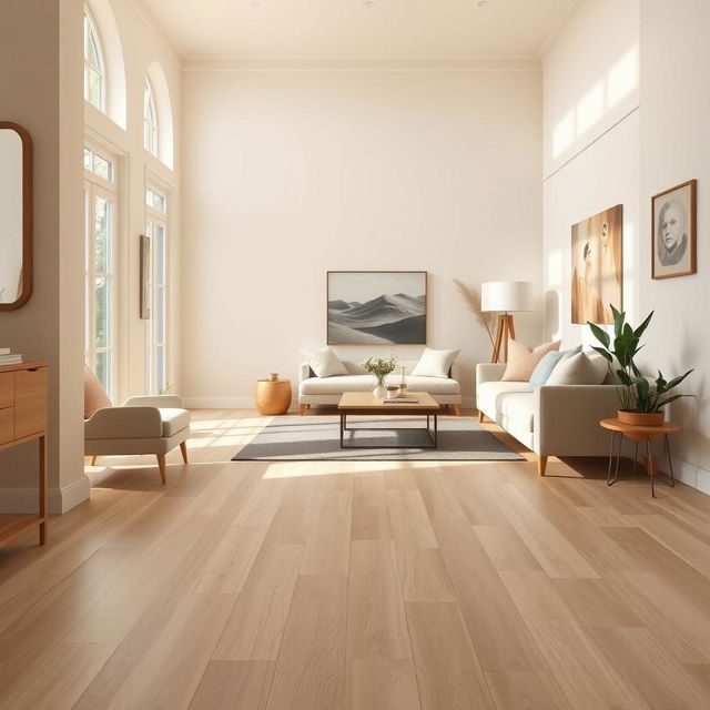 A beautifully decorated room with cream-colored walls complementing a light wood porcelain tiled floor