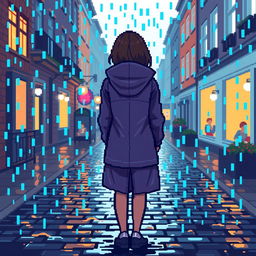 Pixel art of a girl from the back with rain falling