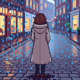 Pixel art of a girl from the back with rain falling