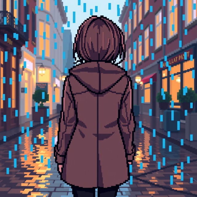 Pixel art of a girl from the back with rain falling