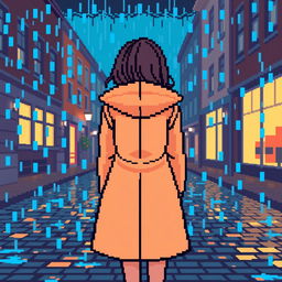 Pixel art of a girl from the back with rain falling