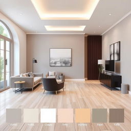 A stylish interior room with light wood-colored porcelain tile flooring and various wall color options to match and complement the flooring