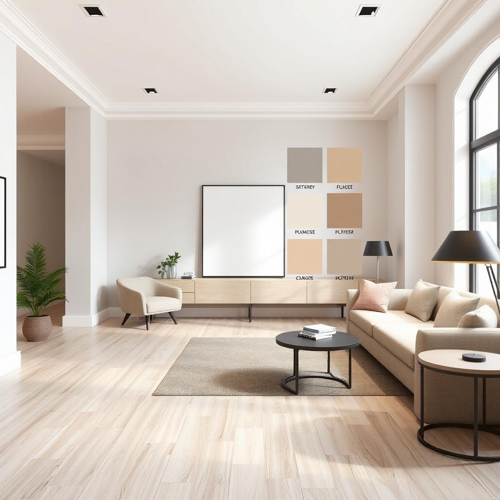 A stylish interior room with light wood-colored porcelain tile flooring and various wall color options to match and complement the flooring