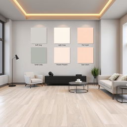 A stylish interior room with light wood-colored porcelain tile flooring and various wall color options to match and complement the flooring