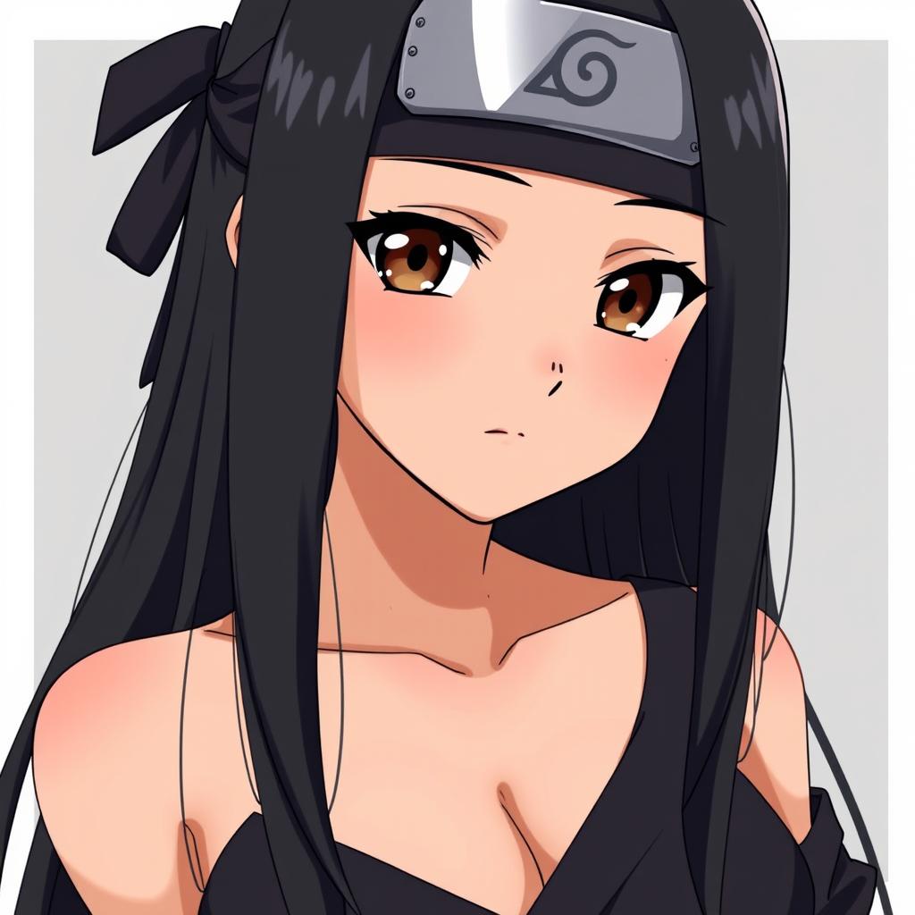 anime girl with long black hair, tanned skin reminiscent of Naruto character style, wearing black clothing including the Konoha headband from Naruto, and a black skirt