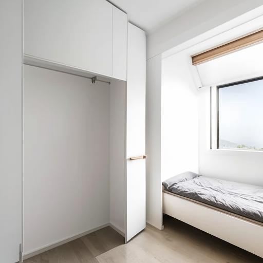 Small white bedroom featuring a clear window with natural light and an attached dressing room