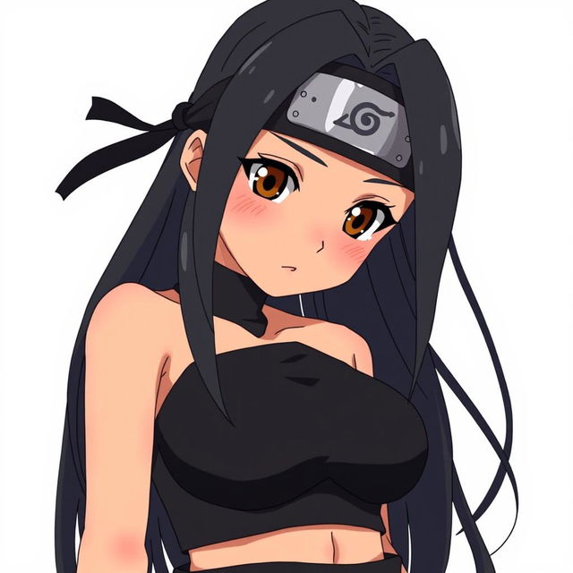 anime girl with long black hair, tanned skin reminiscent of Naruto character style, wearing black clothing including the Konoha headband from Naruto, and a black skirt