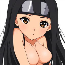 anime girl with long black hair, tanned skin reminiscent of Naruto character style, wearing black clothing including the Konoha headband from Naruto, and a black skirt