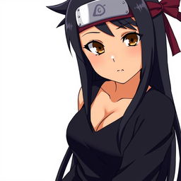 anime girl with long black hair, tanned skin reminiscent of Naruto character style, wearing black clothing including the Konoha headband from Naruto, and a black skirt