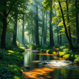 A serene forest landscape with a gentle stream flowing through, surrounded by lush greenery