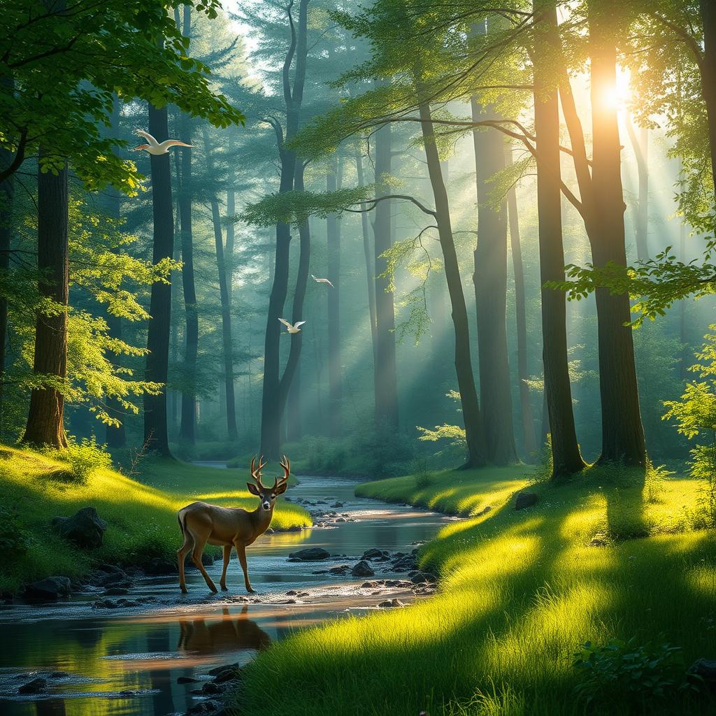 A serene forest landscape with a gentle stream flowing through, surrounded by lush greenery