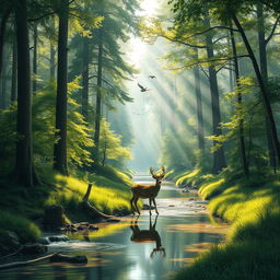 A serene forest landscape with a gentle stream flowing through, surrounded by lush greenery