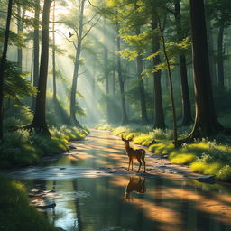 A serene forest landscape with a gentle stream flowing through, surrounded by lush greenery