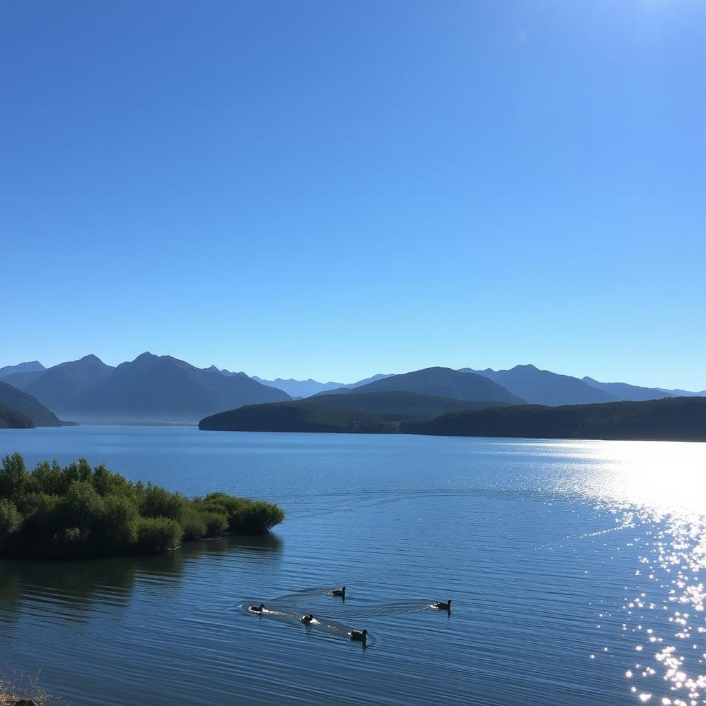 A picturesque landscape of a serene lake surrounded by lush greenery under a clear blue sky