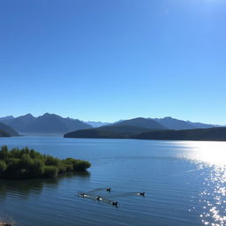 A picturesque landscape of a serene lake surrounded by lush greenery under a clear blue sky