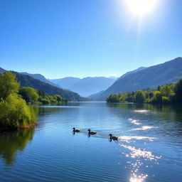 A picturesque landscape of a serene lake surrounded by lush greenery under a clear blue sky