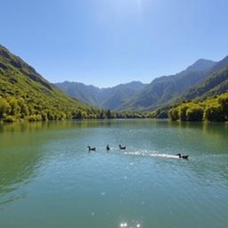 A picturesque landscape of a serene lake surrounded by lush greenery under a clear blue sky