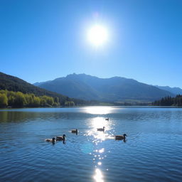 A picturesque landscape of a serene lake surrounded by lush greenery under a clear blue sky