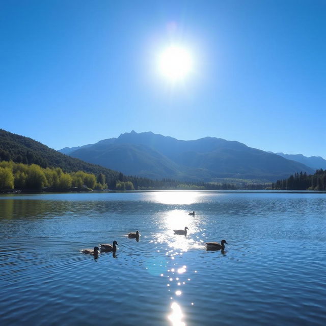 A picturesque landscape of a serene lake surrounded by lush greenery under a clear blue sky