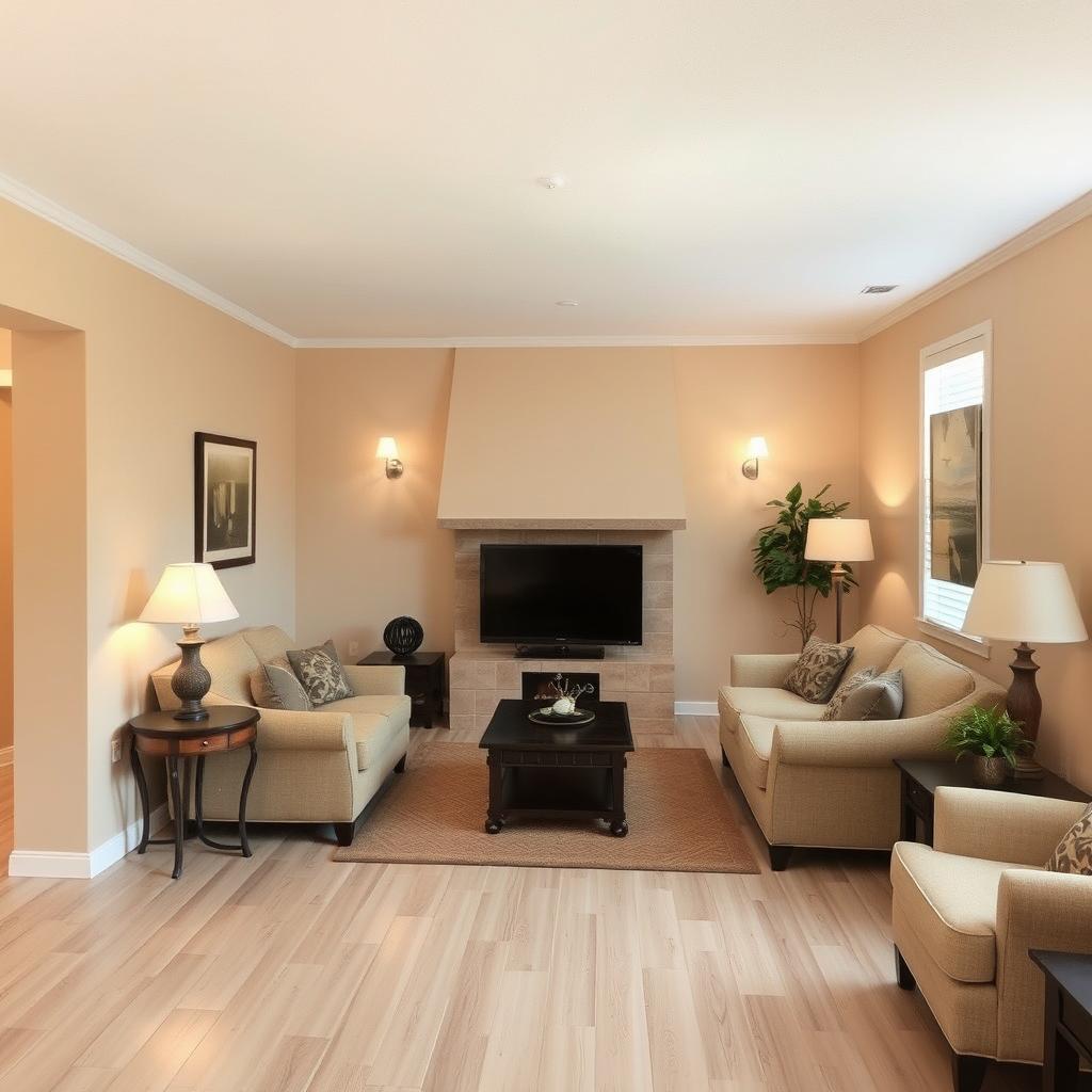 A cozy living room with walls painted in a warm beige color that complements the light wooden tile flooring