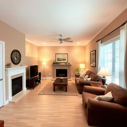 A cozy living room with walls painted in a warm beige color that complements the light wooden tile flooring