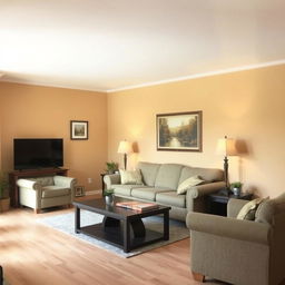 A cozy living room with walls painted in a warm beige color that complements the light wooden tile flooring