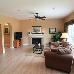 A cozy living room with walls painted in a warm beige color that complements the light wooden tile flooring