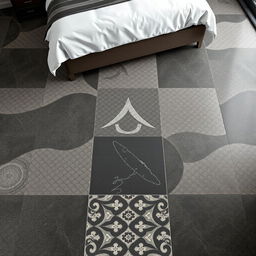 A stylish bedroom floor featuring ceramic tiles with masculine design patterns