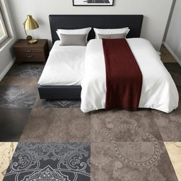 A stylish bedroom floor featuring ceramic tiles with masculine design patterns