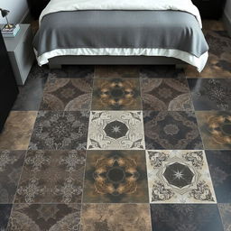 A stylish bedroom floor featuring ceramic tiles with masculine design patterns