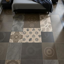 A stylish bedroom floor featuring ceramic tiles with masculine design patterns