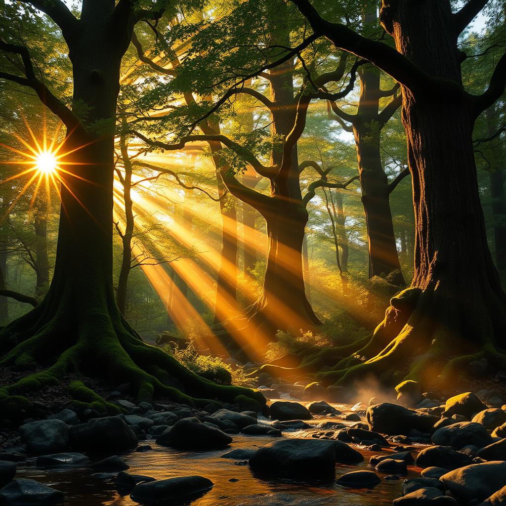 A mystical forest at sunrise, with sunlight filtering through dense leaves, creating an enchanting pattern of light and shadow on the forest floor