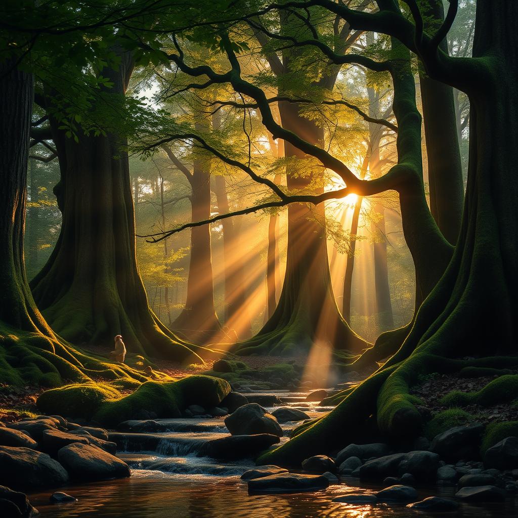 A mystical forest at sunrise, with sunlight filtering through dense leaves, creating an enchanting pattern of light and shadow on the forest floor