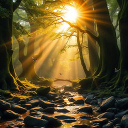 A mystical forest at sunrise, with sunlight filtering through dense leaves, creating an enchanting pattern of light and shadow on the forest floor