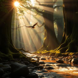 A mystical forest at sunrise, with sunlight filtering through dense leaves, creating an enchanting pattern of light and shadow on the forest floor