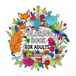 A vibrant and calming coloring book cover featuring a central artistic collage of stylized animals, such as a graceful fox, a majestic elephant, and a colorful bird