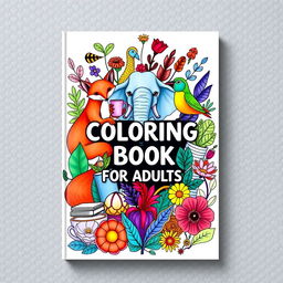 A vibrant and calming coloring book cover featuring a central artistic collage of stylized animals, such as a graceful fox, a majestic elephant, and a colorful bird