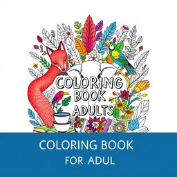 A vibrant and calming coloring book cover featuring a central artistic collage of stylized animals, such as a graceful fox, a majestic elephant, and a colorful bird